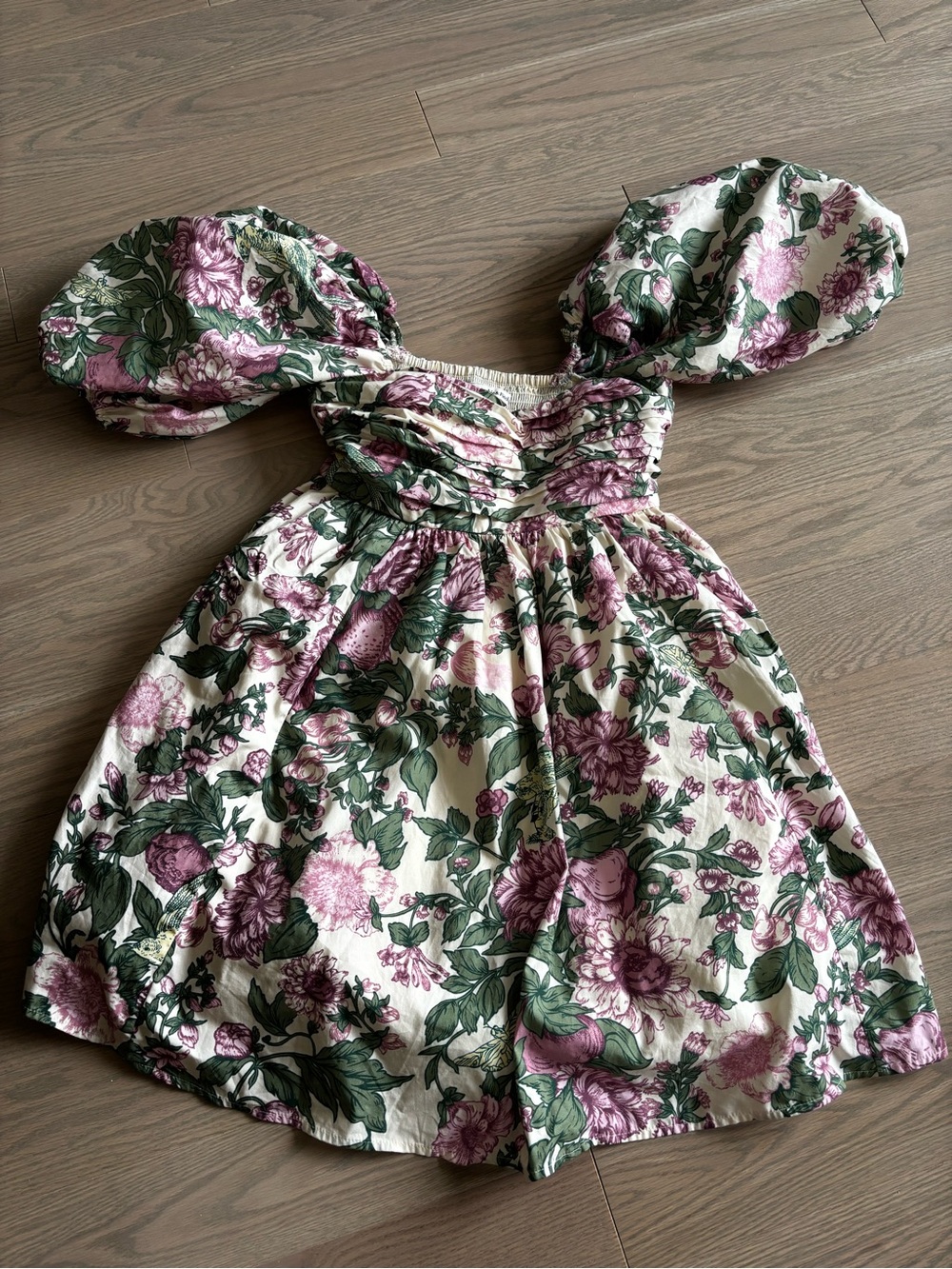 Abercrombie & Fitch Cream Floral Puff-Sleeve Dress with Pink and Green Print